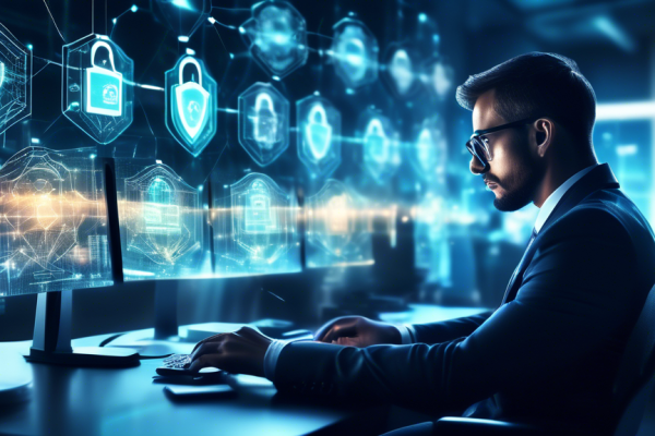 A high-tech digital landscape with interconnected networks, glowing data streams, and cybersecurity symbols like locks and shields. In the foreground, a businessman in a modern office setting, intensely focused on his computer screen, with a holographic shield protecting his data. The overall atmosphere is sophisticated and secure, highlighting the importance of data security in the digital world.