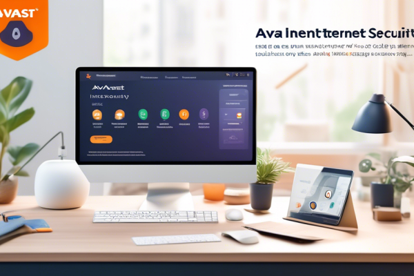 Create an image showcasing the benefits of Avast Internet Security. The scene should feature a user-friendly dashboard on a computer screen displaying real-time virus protection, firewall settings, and Wi-Fi security features. Around the computer, include visual elements representing secure online banking, safe browsing, and internet privacy, such as a shield, a lock icon, and a protected Wi-Fi signal. The overall vibe should be reassuring and secure, with a professional and modern design.