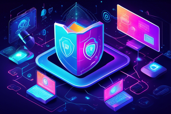 A high-tech digital illustration depicting Norton Internet Security in action: A sleek, futuristic computer shield surrounded by vibrant light beams, protecting a network of interconnected devices. Icons representing cybersecurity, a padlock, shield, and antiviral features float around, symbolizing protection. A satisfied user confidently browsing on a laptop, while threats like viruses and malware are blocked out by the shield.