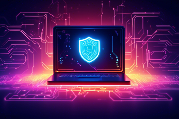 Create a digital illustration showcasing a computer surrounded by a glowing protective shield, symbolizing robust internet security. The background should include subtle elements of circuitry and binary code to emphasize cybersecurity. Add a badge or icon indicating 'Antivirus Internet Security' for effective protection.