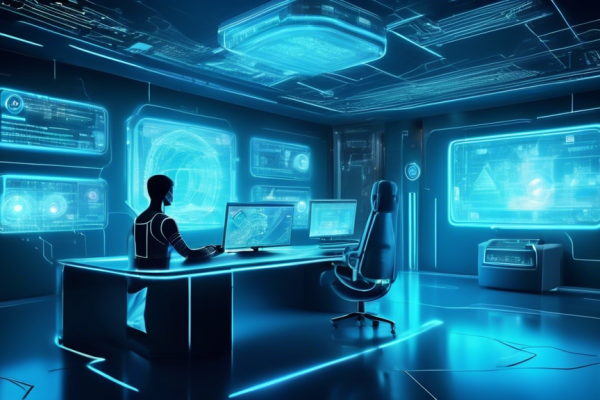 Create a detailed digital illustration of a high-tech, futuristic room with a person using a computer that has NOD32 Internet Security displayed on the screen. The room should have multiple holographic security shields and symbols representing protection against cyber threats floating around the person. The overall atmosphere should convey a sense of robust digital security and advanced technology.