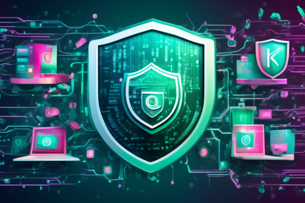 An illustration depicting robust internet security featuring the Kaspersky logo, with elements like a secure shield, computer networks, and locks. The background shows a seamless blend of digital codes and futuristic technology, representing comprehensive cybersecurity.