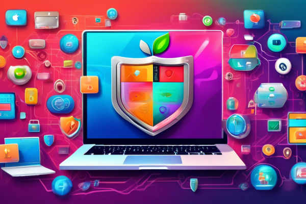 Create a detailed image depicting a sleek Apple MacBook surrounded by digital shields and security icons like locks, antivirus symbols, and encrypted data streams. The MacBook screen displays a secure internet browser with tabs featuring safe browsing messages, while a cyber-themed background emphasizes online safety and protection from digital threats.