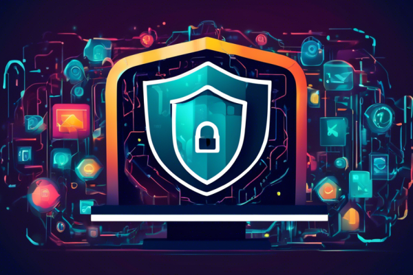 Create a digital illustration showcasing a secure, impenetrable shield surrounding a computer to symbolize advanced internet security. Include elements such as a padlock, protective digital barriers, and the ESET logo subtly incorporated in the design. The background can be a blend of dark and bright tones representing the cyber world.