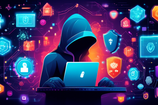 An illustration depicting the concept of computer security: A laptop surrounded by a glowing digital shield, various symbols of cyber threats like viruses and malware icons being repelled, and a confident user in the background. The atmosphere should convey a sense of protection, advanced technology, and a secured digital environment.