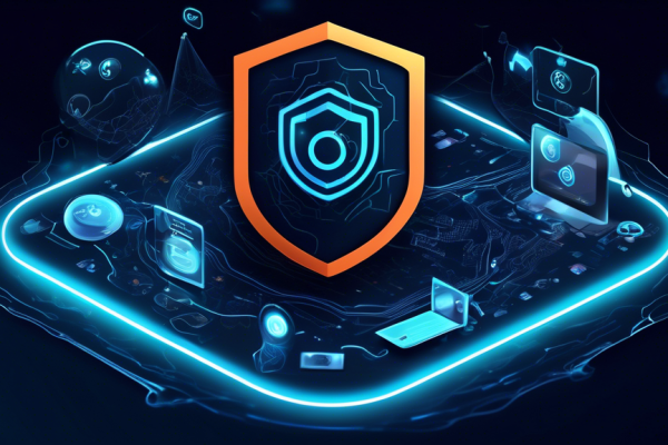 Create an image depicting a high-tech shield with the Avast logo on it, enveloping a computer and other digital devices like a smartphone and tablet. The background features a futuristic, digital landscape with flowing lines of code and icons representing threats like viruses and malware. The overall tone should be modern and secure, conveying ultimate protection for online experiences in 2022.