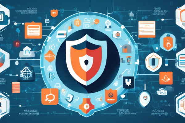 Generate an illustration showcasing the top ten internet security measures, with a digital shield at the center surrounded by icons representing various security practices, such as using strong passwords, enabling two-factor authentication, updating software, using VPNs, avoiding suspicious links, encrypting data, securing home networks, backing up data, using antivirus software, and monitoring online activity. The background should be a subtle digital network pattern to emphasize the internet theme.