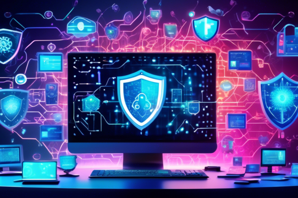 An image depicting a computer screen protected by a digital shield, surrounded by icons representing various cyber threats (viruses, malware, phishing). The background should show a futuristic, high-tech setting with holographic data streams and security symbols. The overall tone of the image should convey robust protection and advanced internet security.