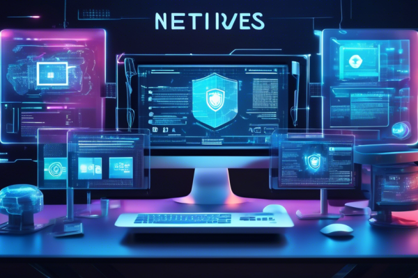 Create an image of a futuristic computer workstation with holographic screens displaying various antivirus and internet security software interfaces. The background should feature a sleek and modern design, with subtle tech elements such as digital grids and cybersecurity icons. A banner reading Die besten Antivirus Internet Security Lösungen 2023 should be prominently displayed at the top. Make sure the scene exudes a sense of high-tech sophistication and advanced protection.