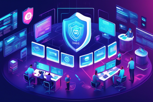 Create a detailed digital illustration showcasing the best internet security solutions of 2022. Depict a modern, high-tech command center with multiple computer screens displaying various cybersecurity software, antivirus programs, and security analytics. Include elements like shield icons, padlocks, and encrypted codes in the background. Integrate professionals actively working on securing data, emphasizing a sense of protection and advanced technology.