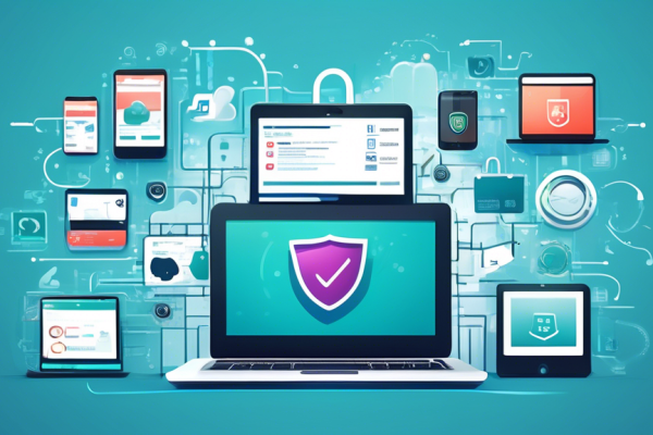 Create an image of a well-organized digital workspace featuring multiple devices like a laptop, smartphone, and tablet, all displaying different top-rated internet security and antivirus software interfaces. Include visual elements like shields, checkmarks, and padlocks to symbolize security. The background should be sleek and modern, emphasizing a sense of high-tech protection.