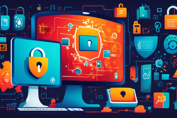 Create a digital illustration showcasing a secure Windows computer with various cybersecurity features. Depict antivirus software, a firewall, and a VPN connection all actively protecting the system. The background should feature icons representing malware being blocked and a padlock symbolizing security. The overall theme should emphasize effective measures for Windows Internet security.