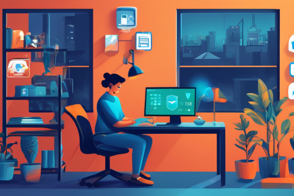 Create a detailed digital illustration depicting a person using a Windows 10 computer in a secure, well-organized home office. The scene should include visual elements like antivirus software, a firewall icon, a VPN connection symbol, and secure Wi-Fi indicated by a locked padlock. The Windows 10 interface should be visible on the screen, showing security settings and tools actively monitoring the system. Emphasize a sense of digital safety and protection in a modern, tech-savvy environment.