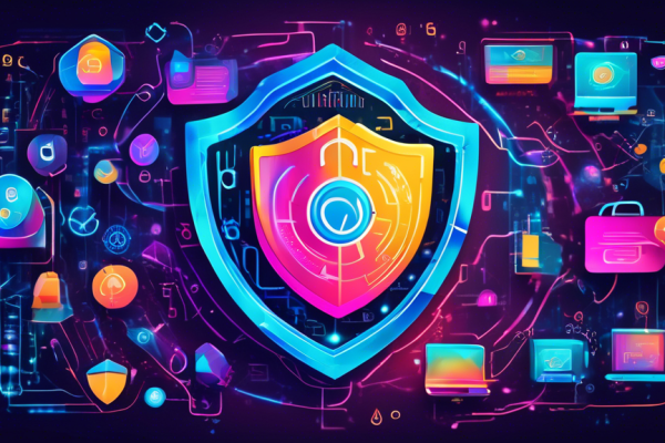 Create a high-resolution digital illustration showcasing the concept of Internet-Sicherheit mit Norton 360. Depict a secure, futuristic digital environment with vibrant colors. At the center, feature an abstract representation of a shield made up of interconnected digital elements like locks, binary code, and circuitry. Surround the shield with icons representing different aspects of digital life, such as smartphones, laptops, and smart home devices, all under a protective glow. The background should have a tech-inspired aesthetic with floating holograms and matrix-like grids that emphasize a comprehensive digital protection theme. Include subtle Norton branding elements, like the Norton logo or color scheme, to tie everything together.