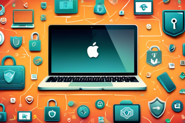 Create an image of a sleek MacBook on a modern desk, surrounded by security icons like padlocks, shields, and antivirus symbols. The background should subtly include elements representing the internet, such as Wi-Fi signals and digital code. The image aims to convey the theme of internet security protection and tips specifically for MacBook users.