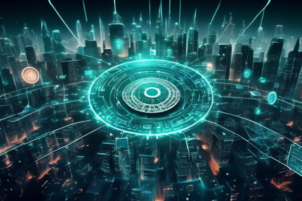 Create an image depicting a futuristic digital landscape with a strong visual representation of cybersecurity. Show a shield emblem with the Kaspersky logo in the center, surrounded by interconnected networks, firewalls, and encrypted data streams. The background should feature a cityscape with glowing skyscrapers and a dark sky filled with abstract binary code and holographic interface elements, symbolizing advanced protection in the digital age.