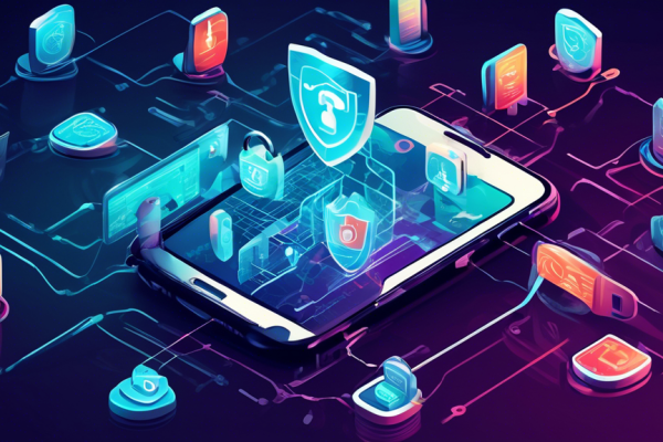 Create a detailed illustration depicting mobile internet security in the digital age. Show a smartphone surrounded by digital shields, padlocks, and encrypted data streams. The background can include abstract representations of cybersecurity threats like viruses and hackers being blocked by firewalls. The scene should convey a sense of protection and safety, highlighting the importance of safeguarding personal data.