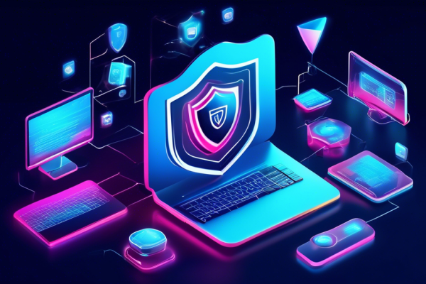 Create an image of a computer and mobile devices surrounded by a protective shield, symbolizing comprehensive internet security. The shield should be visually represented by a vibrant, futuristic hologram. Incorporate the Norton 360 logo subtly within the design. The background should include icons of various online activities such as banking, shopping, and communication, showcasing the extensive protection provided.