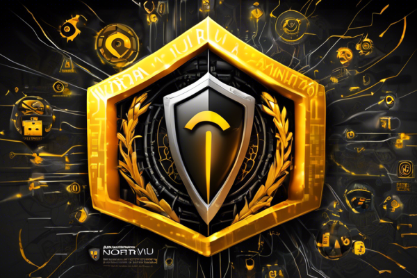 Create a digital illustration showcasing Norton Antivirus as a guardian of a computer system. Depict a strong, shining shield emblazoned with the Norton logo, surrounded by digital threats like viruses, malware, and hackers attempting to breach the system. The background should reflect a high-tech, futuristic ambiance, emphasizing internet security and protection for both desktop computers and mobile devices.