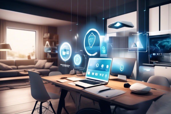 Create an image showcasing a modern home with a family using various digital devices like laptops, smartphones, and tablets, all connected securely to the internet. In the foreground, display a sleek, futuristic shield symbolizing F-Secure, emitting a protective aura around the devices. The background should have a clean and minimalistic aesthetic, emphasizing safety and peace of mind. Text overlay: Optimale Internetsicherheit mit F-Secure.