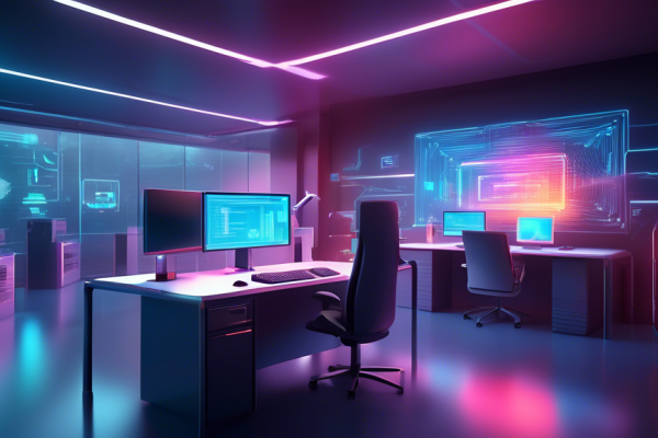 A high-tech, futuristic office space showcasing advanced PC-internet security measures: holographic firewalls, biometric scanners, encrypted networks, and a sleek desktop computer with a shield icon. The scene exudes a sense of robust protection and cutting-edge technology.