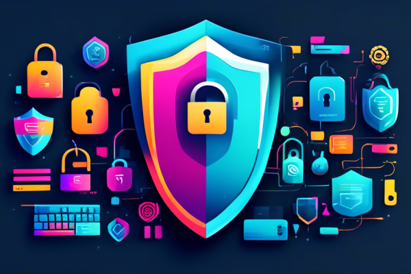 Create an image showcasing an abstract representation of digital security. Include elements like a secure shield, a computer with a lock symbol, and price tags denoting various tiers of protection. Incorporate the brand name 'ESET' subtly within the design.