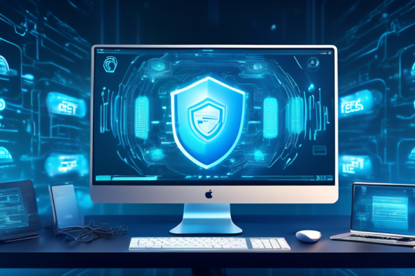 An image of a modern digital landscape with a sleek computer displaying the ESET Antivirus and Internet Security interface on its screen. Surrounding the computer are glowing digital shields and locks, symbolizing protection. In the background, a gradient of blue tones gives a sense of cyberspace, with subtle binary code flowing across. The overall design should evoke a sense of advanced technology and security.