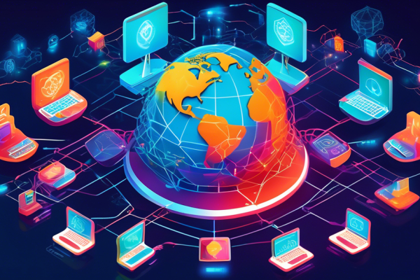 Create an image showing a digital fortress with various cybersecurity elements such as firewalls, encryption symbols, and shields labeled 'Total Internet Security,' protecting a globe connected by a network of interconnected nodes. The scene should emphasize the theme of comprehensive online protection.