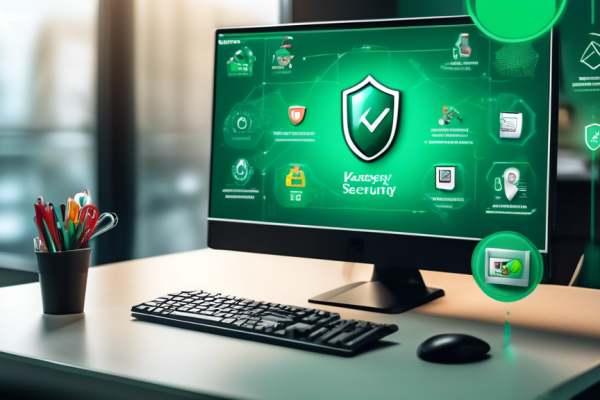 Create an image showing a modern desktop computer with Kaspersky Internet Security software prominently displayed on the screen. The background features a shield icon and digital security symbols like locks and checkmarks, conveying protection and safety. In the scene, add a thumbs-up icon and positive elements like green checkmarks and a graph showing increasing performance, illustrating the benefits and improvements in PC security and efficiency.