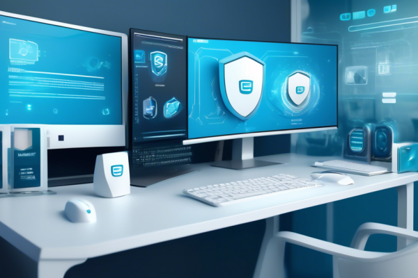 Create an image of a modern computer workstation with a sleek setup, showcasing a screen with ESET Internet Security Antivirus interface displaying active protection. In the background, include subtle icons symbolizing cybersecurity, such as shields, locks, and network nodes, to emphasize the security aspects. Use a clean and professional aesthetic, with a blue and white color scheme that matches the ESET branding.