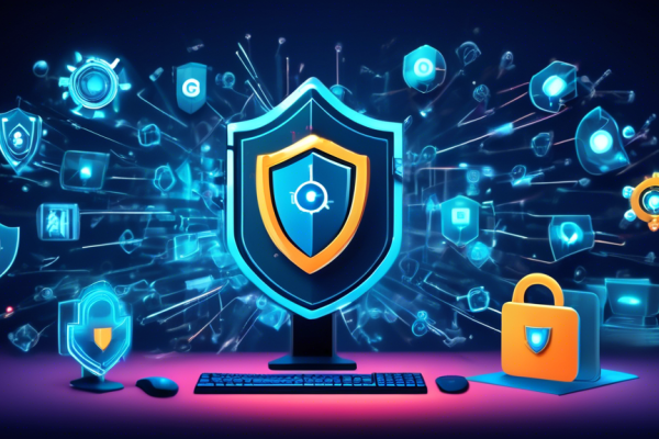 Create an image depicting advanced antivirus software shielding a computer from various cyber threats. The scene should include a modern, sleek desktop PC surrounded by visual representations of viruses, malware, and other digital threats being blocked or neutralized. Incorporate elements like shields, glowing security icons, and digital locks to emphasize protection and security. The background should exude a high-tech, futuristic aesthetic.