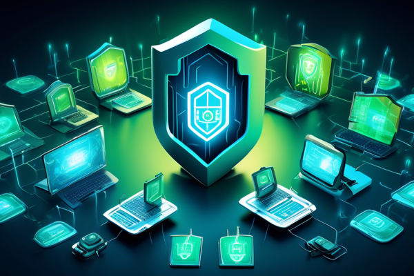 Create an image of a digital fortress surrounded by a glowing shield, with the logos of ESET Internet Security and NOD32 Antivirus prominently displayed. Inside the fortress, show various devices like laptops, smartphones, and tablets to symbolize comprehensive protection. Use a futuristic and sleek design aesthetic with a blue and green color scheme.