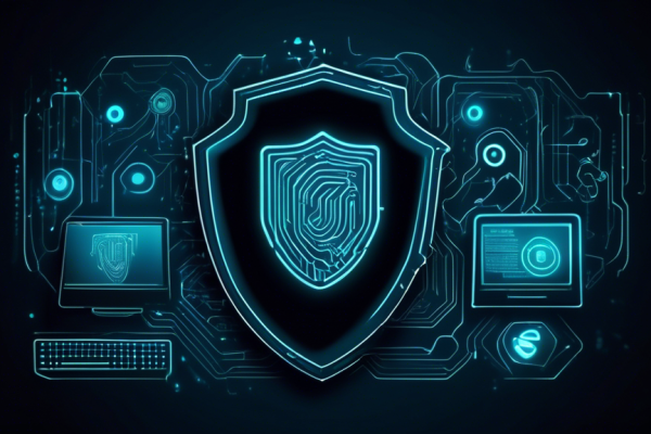 Create an image of a high-tech digital shield made of glowing lines and circuits, guarding a computer and smartphone. The devices are surrounded by a serene, safe environment, symbolizing comprehensive protection. In the background, abstract threats in the form of dark, shadowy figures or virus icons are being blocked and deflected by the shield. The ESET logo subtly appears on the shield, emphasizing the brand's role in security.