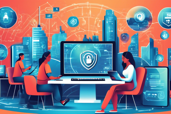 Create a digital illustration depicting internet security in 2022. The scene should include elements such as people using devices with shields and locks on the screens, a futuristic cityscape in the background, and various security measures like firewalls, antiviruses, and encrypted data represented visually. Incorporate symbols of technology and connectivity, like Wi-Fi signals and cloud servers, emphasizing the importance of cybersecurity and modern threats.