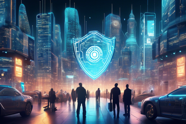 A futuristic digital cityscape protected by a large, glowing shield labeled 'Norton Internet Security.' The city features high-tech buildings, people using digital devices, and holographic advertisements. The shield has intricate patterns resembling circuit boards, symbolizing advanced protection. The overall scene exudes a sense of safety and security in a highly connected digital world.