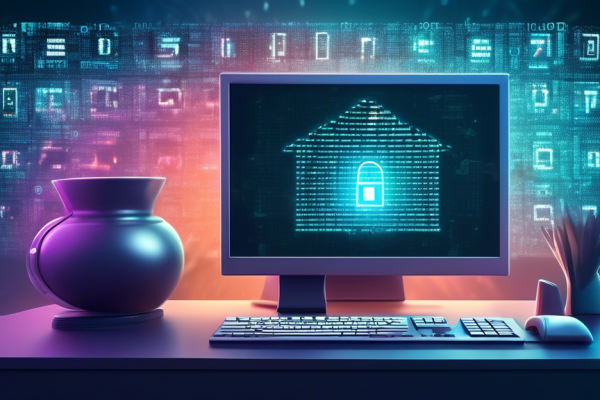 Create a high-resolution digital illustration of a modern, cozy home surrounded by a protective shield made of digital binary code. In the foreground, depict a sleek computer screen with the ESET Internet Security logo prominently displayed. The overall mood should convey safety, security, and advanced technology safeguarding the household.