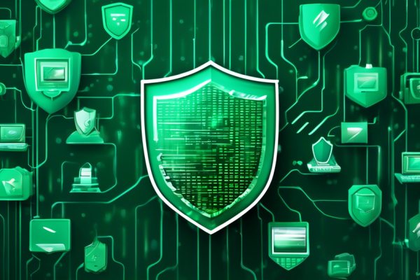 A futuristic digital landscape showcasing a shield with the Kaspersky logo, symbolizing internet security. The shield protects various devices including a desktop computer, laptop, and tablet. The background includes Windows OS icons, binary code, and a secure green padlock, representing safety and protection on the internet.