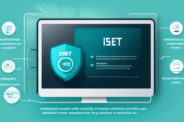 A detailed illustration showing the step-by-step process of installing ESET Internet Security on a modern desktop computer, including inserting the installation CD, entering the product key, configuring settings, and completing the installation with a successful protection status on the screen. The visuals should be clear and user-friendly, highlighting each important step in the installation process.