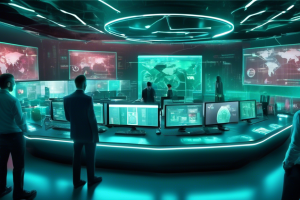 Create an image depicting an advanced digital security setup with the Kaspersky logo prominently displayed. The scene should include futuristic technology elements like holographic displays, secure servers, and a sleek user interface showcasing internet security features. A diverse group of professionals can be seen monitoring and managing cyber threats in a high-tech control room. The overall theme should emphasize comprehensive internet security, protection, and innovation in the digital age. Text overlay at the top: Umfassende Internet-Sicherheit mit Kaspersky: Ein Überblick.