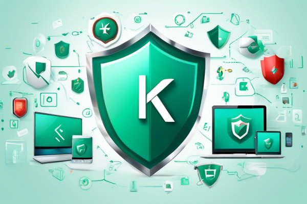 Create an image illustrating comprehensive digital security with Total Kaspersky Internet Security. Depict a shield symbolizing robust protection surrounding various digital devices like a laptop, smartphone, and tablet. Incorporate elements such as a lock, antivirus icons, and encrypted data streams to signify strong security features. Use a sleek, modern aesthetic with the Kaspersky logo subtly integrated into the design.