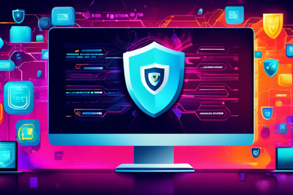 Create an image of a sleek computer screen displaying ESET Internet Security software, with vibrant and futuristic graphics showcasing its comprehensive protection features. The background shows interconnected digital elements symbolizing cyber security, with icons like shields, checkmarks, and digital locks. The atmosphere conveys a sense of advanced technology and robust protection.