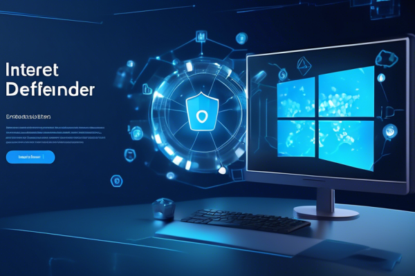 Create an image depicting the central theme of effective internet security through the lens of Windows Defender. The scene should feature a modern computer screen displaying the Windows Defender interface with clear security status indicators. Surrounding the screen, incorporate visual elements such as virtual shields, padlocks, and secure connection symbols to emphasize online protection. Include a background that represents a digital network or internet environment with interconnected nodes and a web of data streams, ensuring the overall tone is of safety, reliability, and modern technology.