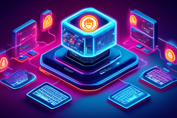 A digital illustration depicting multiple layers of computer security: a futuristic computer with glowing antivirus shields around it, various icons representing firewalls, and security updates, with a background showing a safe digital network matrix. The scene is modern, tech-savvy, and emphasizes protection against cyber threats.