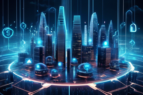 Create an image of a futuristic digital landscape that symbolizes top-notch internet security in the year 2020. This scene features a cityscape composed of towering servers and data centers, interconnected by glowing lines representing data streams. In the foreground, a robust digital shield hovers, emblazoned with the year 2020 and various symbols of cybersecurity such as locks, antivirus icons, and firewalls. The atmosphere is vibrant and high-tech, exuding a sense of protection and advanced technology.