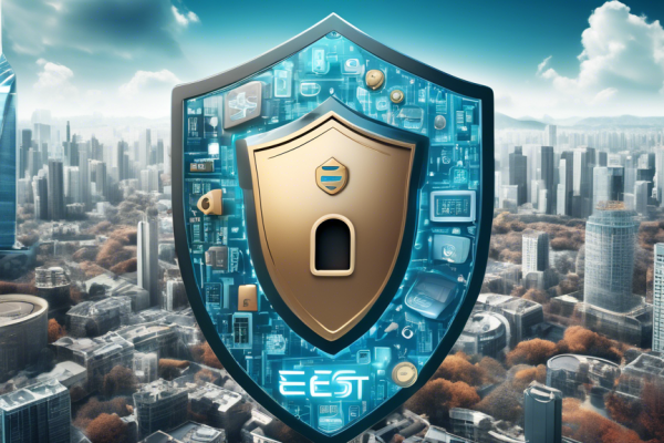 Create an image of a digital landscape where a giant shield represents ESET Internet Security. Inside the shield, various symbols of security such as locks and keys are visible. Surrounding the shield, there are symbols of savings like piggy banks and discount tags, representing affordability. The background showcases a modern city skyline, hinting at technological advancement and security in a digital age.